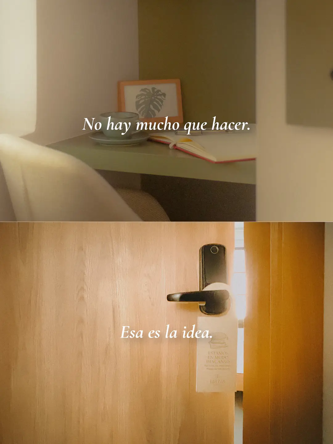 Publicación de Bruma Verde en dos fotos: un escritorio con un libro («No hay mucho que hacer») y una puerta de madera con su manija («Esa es la idea»).